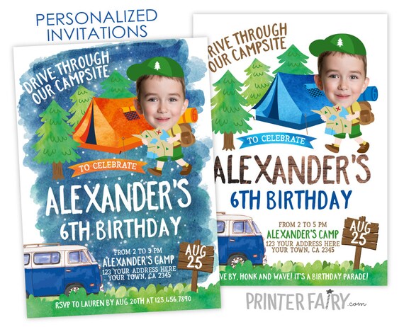 Camping Invitation with Photo, Drive By Invite, Summer Camp Birthday, Sleepover, Outdoors Birthday Party, Personalized Digital Invitation Il_570xn