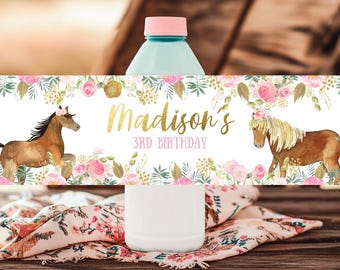 Floral Horse Birthday Water Bottle Labels, EDITABLE (Digital Download)