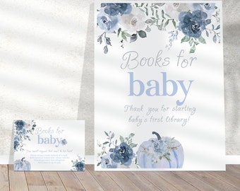 Dusty Blue Little Pumpkin 'Books for Baby' Sign and Cards, Perfect for Fall Baby Showers and Little Pumpkin Baby Sprinkle Parties, Editable