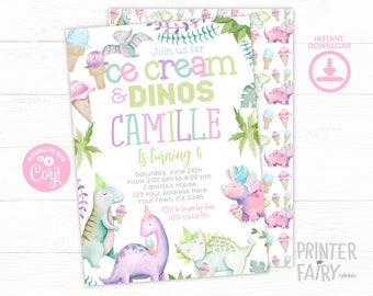 Ice Cream and Dinos Invitation, Girl Birthday Invitation, EDITABLE, Dinosaur Invitation, Dinosaur Party, Ice Cream Invite, INSTANT DOWNLOAD