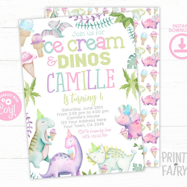 Ice Cream and Dinos Invitation, Girl Birthday Invitation, EDITABLE, Dinosaur Invitation, Dinosaur Party, Ice Cream Invite, INSTANT DOWNLOAD
