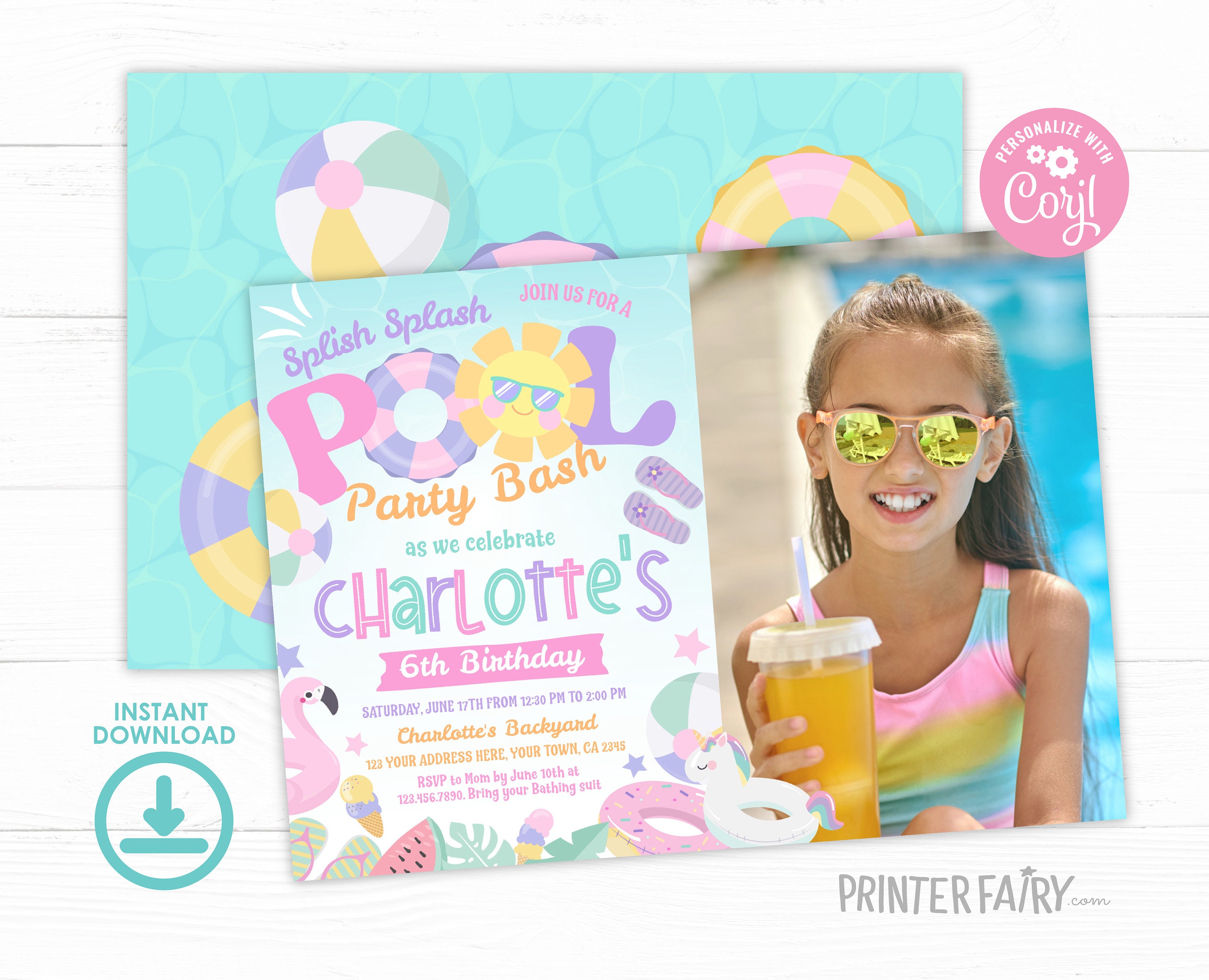 Photo Party Invitations Pool Birthday Party Invitation With Photo Editable Template INSTANT ...