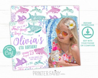 Shark Girl Birthday Invitation with photo, EDITABLE, Under the sea Invitation, Jawsome Birthday Invitation, INSTANT DOWNLOAD