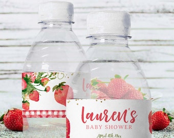 Strawberry Baby Shower Water Bottle Label, Editable, Strawberry Birthday Party Bottle Label, Girl Baby Shower, Strawberry Baby Sprinkle,