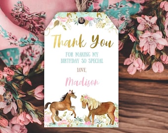 Etiquetas editables para recuerdos de cumpleaños con diseño floral de caballos (descarga instantánea)