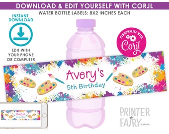 Art Party Water Bottle Labels, EDITABLE, Art Labels, Art Birthday Party, Paint Birthday, Art Party Food Table, Digital, Instant Download