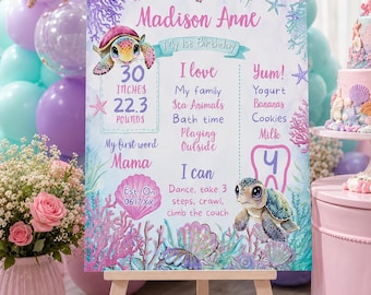 Sea Turtle Birthday Milestones Board, Editable Template (Instant Download)