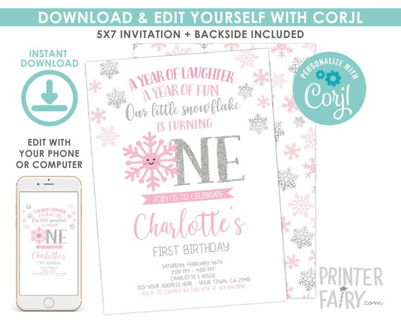 Snowflake Birthday Invitation, Winter Onederland First Birthday Invitation, Little Snowflake Birthday Party, EDIT YOURSELF Digital Invite Il_570xn