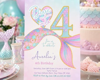 Mermaid 4th Birthday Invitation Editable Template, Under the Sea Party (Digital Download)