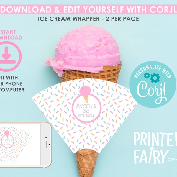 Ice Cream Cone Wrapper, EDITABLE, Ice Cream Bar, Sundae Bar Decorations, Sprinkles Birthday, DIGITAL, Instant Download