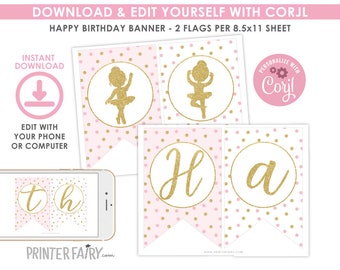 Ballerina Birthday Banner, EDITABLE, Ballet Birthday Party Decorations, Ballerina Printable Banner, INSTANT DOWNLOAD