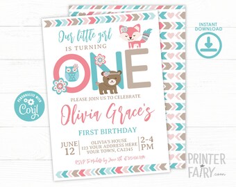 Woodland First Birthday Invitation, EDITABLE, Fox Birthday Invitation, Tribal Birthday Party, Bear, Fox, Owl, INSTANT DOWNLOAD