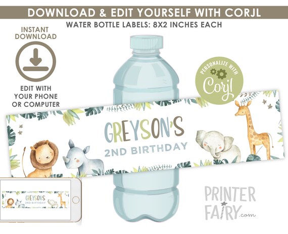 Jungle Water Bottle Labels, EDITABLE, Safari Birthday Party Decorations, Safari Labels, EDIT YOURSELF, Jungle Decorations, Instant Download Il_570xn