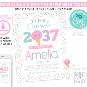 Cápsula do Tempo de Sorvete, EDITÁVEL, Festa de Aniversário de Sorvete, Festa de Granulado, Primeiro Aniversário de Sorvete, Decorações de Sorvete, EDITE VOCÊ MESMO