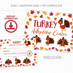 Adotta una Turchia, Adozione della Turchia, Gioco stampabile del Ringraziamento, Compleanno del piccolo tacchino, Adozione di animali domestici, Certificato di adozione, DOWNLOAD immediato