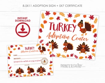 Adopt a Turkey, Turkey Adoption, Thanksgiving Printable Game, Little Turkey Birthday, Pet Adoption, Adoption Certificate, INSTANT DOWNLOAD