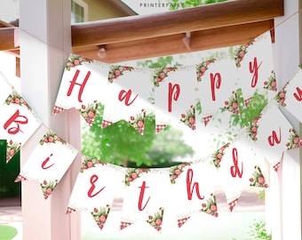 Strawberry Birthday Banner, Editable, Strawberry Birthday Decorations, Fruit Birthday Party, Tuttifrutti Banner, Instant Download