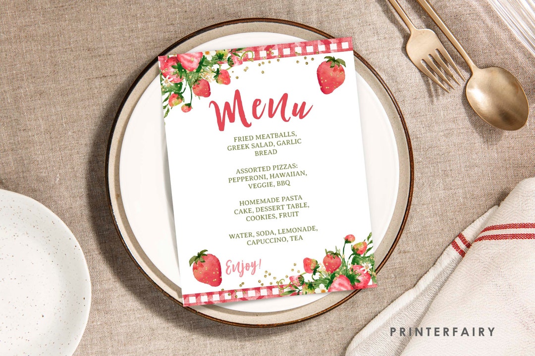 Strawberry Baby Shower Menu Sign, Editable, Strawberry Party Food Table