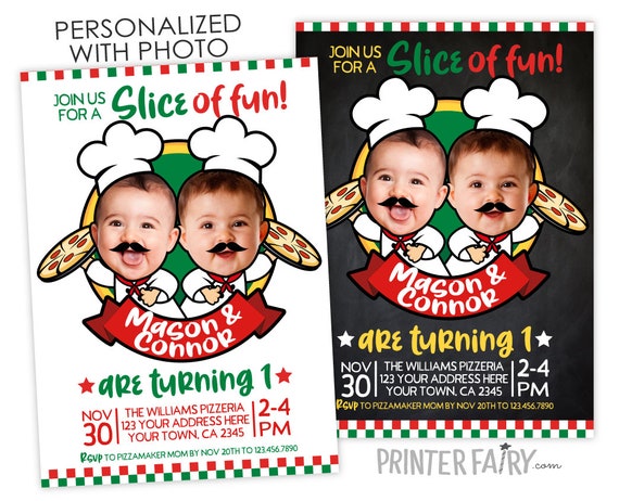 Pizza Twins Invitation with Photo, Pizza Birthday Invitation, Italian Birthday Invitation, Chef Invitation, Personalized Printable Invite Il_570xn