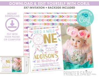 Wild One Girl Birthday Invitation with picture, EDITABLE, Dreamcatcher First Birthday Invitation, Boho, Tribal, INSTANT DOWNLOAD