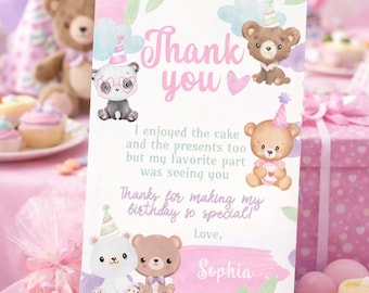 Bear Birthday Thank You Card Editable Template, Printable or Digital, INSTANT DOWNLOAD