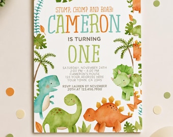 Editable Dinosaur Birthday Invitation, Watercolor Dinosaurs (Digital Download)