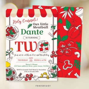 Convite de segundo aniversário de pizza, nossa pequena almôndega, convite de aniversário italiano, convite de chef, convite editável de almôndega de espaguete