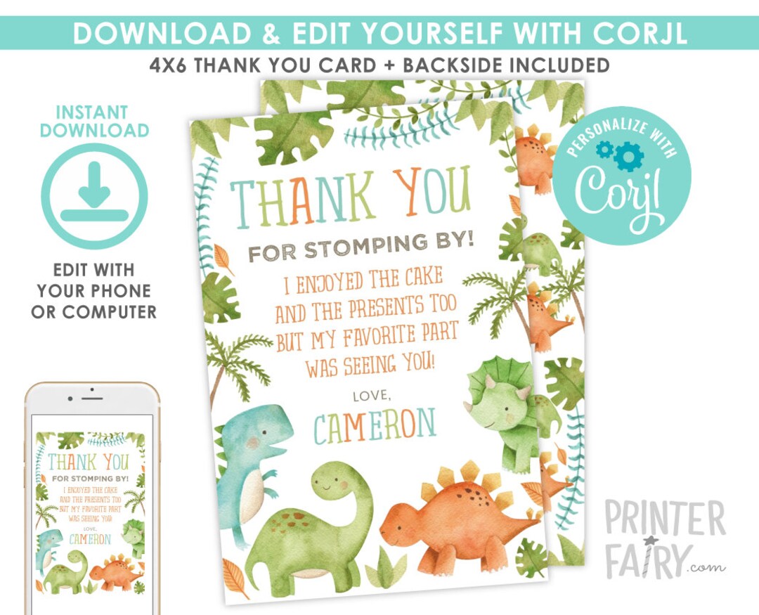 Dinosaur Thank You Cards EDITABLE Dinosaur Birthday Party Etsy