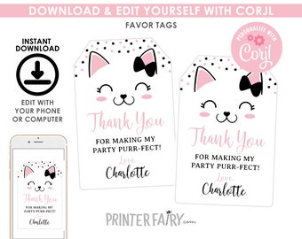 Kitty Cat Favor Tags, EDITABLE, Kitty Birthday Party, Cat Thank You Tags, Kitty Cat Party, DIGITAL, Instant Download