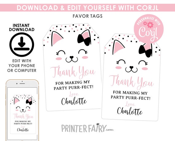 Kitty Cat Favor Tags, EDITABLE, Kitty Birthday Party, Cat Thank You Tags, Kitty Cat Party, DIGITAL, Instant Download Il_570xn