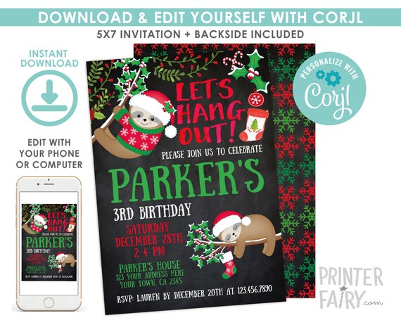 Sloth Birthday Invitation, Ugly Sweater Invitation, EDITABLE, Christmas Birthday Invitation, DIGITAL, Instant Download Il_570xn