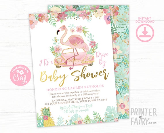 Drive By Flamingo Baby Shower Invitation, EDITABLE, Baby Shower Parade Invitation, Tropical Baby Shower Invitation, INSTANT DOWNLOAD Il_570xn