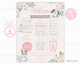 Bunny Editable Board, 1st Birthday Milestones Board, Bunny Sign, Spring Sign, Easter Board, Birthday Decorations, INSTANT DOWNLOAD