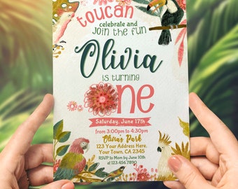 Tropical Birds First Birthday Invitation, EDITABLE, Tropical Birthday Invitation, Summer Birthday Luau Invitation, Toucan Invite, INSTANT