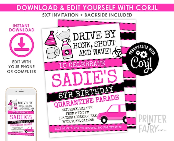 Quarantine Invitation, EDITABLE, Drive By Birthday Invitation, Birthday Parade Invitation, Drive Through Invitation, INSTANT DOWNLOAD Il_570xn