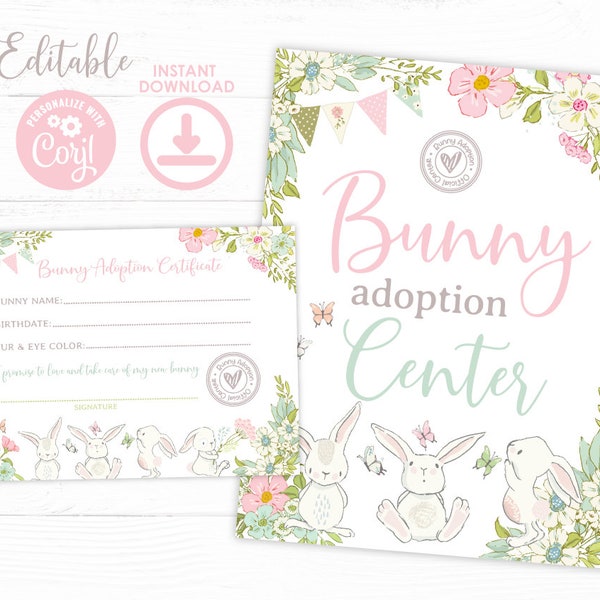 Bunny Adoption, EDITABLE, Bunny Adoption Certificate, Bunny Adoption Center, Easter Game, Party Game, Pet Adoption Sign, INSTANT DOWNLOAD