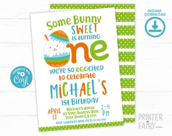 Some Bunny 1st Birthday Invitation, EDITABLE Easter Invitation, Eggcited Birthday Invitation, Little Bunny, INSTANT DOWNLOAD