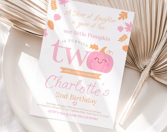 Little Pumpkin 2nd Birthday Editable Cute and Modern Invitation in Pastel Colors