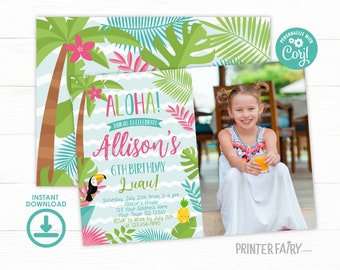 Luau Invitation with photo, EDITABLE, Beach Birthday Party, Luau Birthday Invitation, Luau BirthdayParty, Tropical, INSTANT DOWNLOAD