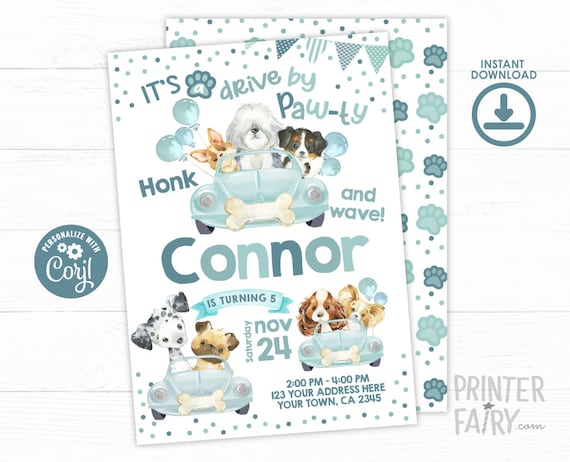 Drive By Invitation, Puppy Birthday Invitation, Pawty Invite, Dog Birthday, Pet Adoption Party Invitation, Pawty Invites, INSTANT DOWNLOAD Il_570xn