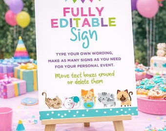 Cartel editable de cumpleaños de gatito, decoraciones para fiestas (descarga instantánea)