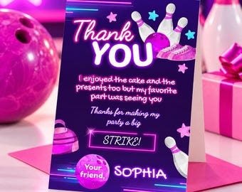 Bowling Birthday Thank You Card, Editable Printable (Instant Download)