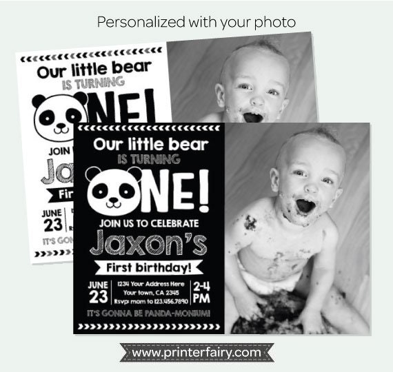 Panda First Birthday Invitation with Photo, Panda Birthday party, Black white birthday Party, Personalized Digital Invitation, 2 Options Il_570xn