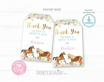 Horse Favor Tags, EDITABLE, Girl Birthday, Floral Birthday Party, Cowgirl party decor, Pony Birthday, Horse Floral Party, INSTANT DOWNLOAD