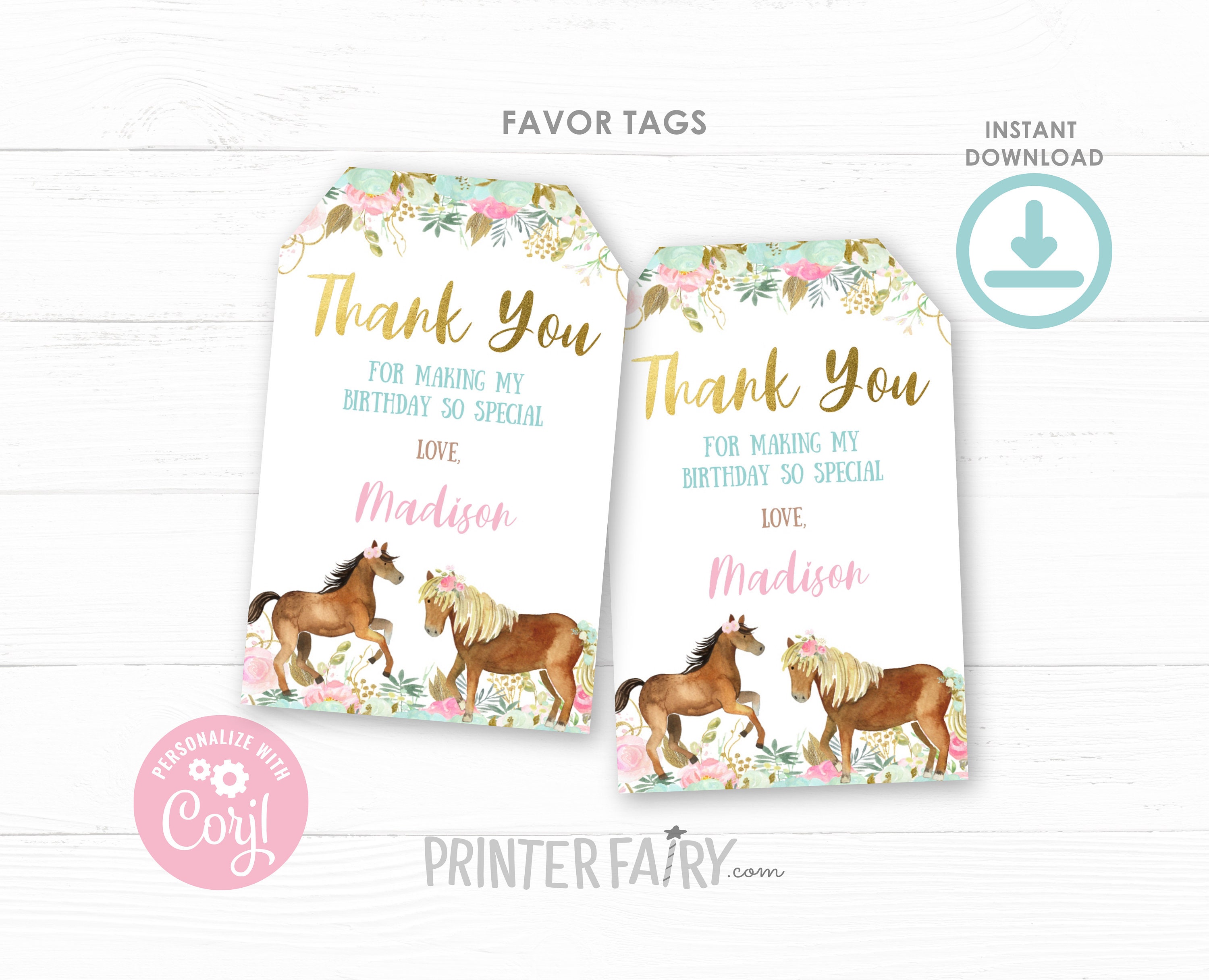 Horse Favor Tags EDITABLE Girl Birthday Floral Birthday - Etsy