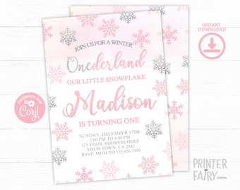 Winter Onederland Invitation, EDITABLE, Little snowflake First Birthday Invitation, Winter Wonderland Birthday Invitation, INSTANT DOWNLOAD