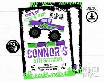 Drive By Monster Truck Birthday Invitation, Drive By Birthday Invitation, Truck Invitation, Birthday Parade Invite, INSTANT DOWNLOAD