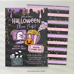 May include: Purple and black Halloween movie night invitation with a ghost watching a movie on a TV screen, a bucket of popcorn, a pumpkin, and a pizza slice. The text reads "Join us for a Halloween Movie Night", "Hosted By Madison Smith", "Saturday October 31st", "at the Smiths House 123 your Address Here Your Town, CA 2345", "RSVP to Harper by 25th October at 123.456.7890. Call or text", and "from 4:00 pm to 7:00 pm".