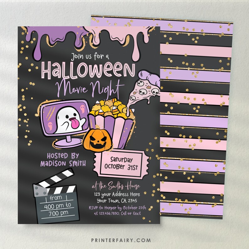 May include: Purple and black Halloween movie night invitation with a ghost watching a movie on a TV screen, a bucket of popcorn, a pumpkin, and a pizza slice. The text reads "Join us for a Halloween Movie Night", "Hosted By Madison Smith", "Saturday October 31st", "at the Smiths House 123 your Address Here Your Town, CA 2345", "RSVP to Harper by 25th October at 123.456.7890. Call or text", and "from 4:00 pm to 7:00 pm".