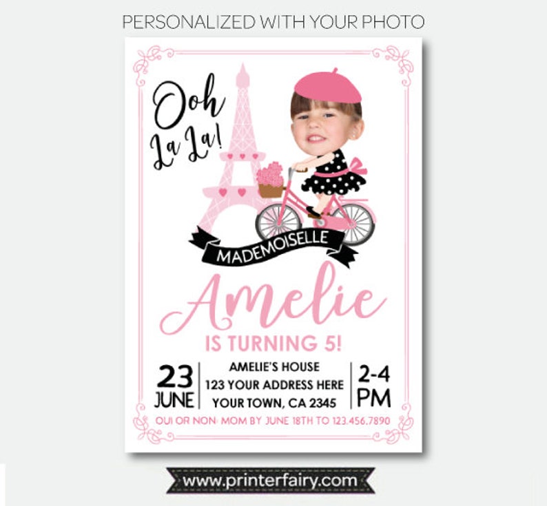 Paris Birthday Invitation with Photo, Bicycle Party, Paris theme Party, Pink and black Invitation, Digital, 2 Options image 3